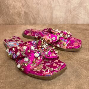 Azalea Wang Pink Brocade Floral Sandals Beaded Rhinestone Slip On Chinoiserie